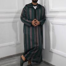 Cross-border ethnic style menswear fall 2023 new AliExpress color block stripe long Muslim robe hoodie