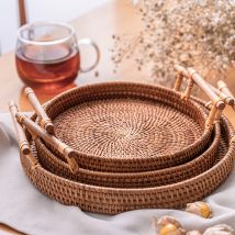 Plateau de rangement en rotin tissé à la main avec manche en bois, panier rond en osier, assiette à pain, plateau à gâteaux aux fruits, plateau de service pour dîner