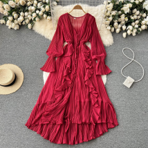 Robe trapèze amincissante à taille plissée et col en V pour femme