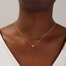 Collier pour femme avec pendentif personnalisé en laiton véritable plaqué or, multicouches lisses, 26 lettres anglaises