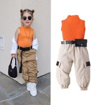 Mother&Kids Girls' summer solid color pit striped vest set feet cargo pants belt three-piece set