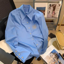 Blue metal button embroidery polo collar shirt women spring new high-end loose casual temperament shirt
