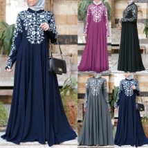 vêtements pour femmes à manches longues col montant imprimé fleuri grande jupe trapèze style ethnique jupe longue femme