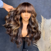 Perruque Lace Frontal Wig brésilienne naturelle, cheveux humains vierges, Body Wave, à reflets blonds, pre-plucked, avec frange, densité 180%, pour femmes