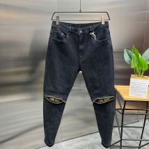 Jeans men's new washed high-end knee zipper black slim fit small feet Korean version micro tapered casual pants