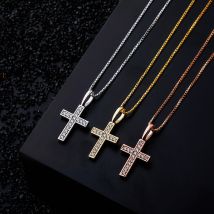 Silver Full Zircon Cross Hip Hop Pendant Personality Versatile Necklace Jewelry