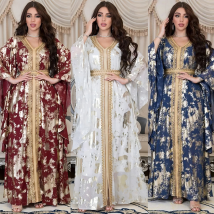 Robe musulmane en mousseline de soie dorée pour femmes, robe avec ceinture