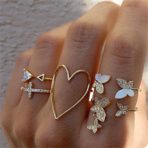 5Pcs/Set Cross Triangle Heart Butterflies Shape Knuckle Rings Hollow Out Opening Adjustable Rhinestones Inlaid Stackable Finger Rings Set