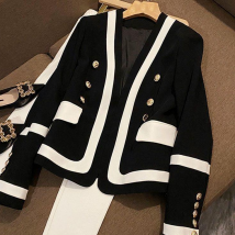 Women's Clothing Black And White Contrast Suit High End Luxury Metal Buttoned All Match Jacket