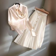 Women's Two-Piece Set - White Shirt With Gold Accents & Midi Skirt - Modern Professional Office Outfit