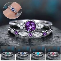 5 Colors Stackable Double Rings Sets For Women Round Green Blue Zircon Stone Engagement Female Valentine's Day Ring