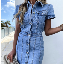 Robe en jean mi-longue stretch mi-longue rétro slim à simple boutonnage pour femme