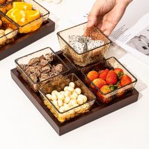 Plateau de fruits secs de luxe en verre Plateau de thé divisé Plateau de bonbons Dim sum Plateau rectangulaire en bois