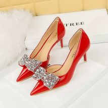 638-AH20 Korean Banquet Heel Shallow Mouth Pointed Side Hollow Water Diamond Bow Single Shoes Women's High Heels