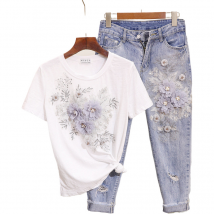T-shirt à manches courtes + jean déchiré à neuf points pour femmes, nouveau T-shirt à manches courtes avec broderie de perles et fleurs en trois dimensions