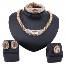 Femmes couleur or chaîne tour de cou cristal collier boucle d&#39;oreille Bracelet anneau mariée cadeau de noël ensemble de bijoux fantaisie