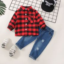 Costume à carreaux pour mère et enfant, simple boutonnage, pantalon pour homme, à capuche, en coton, rouge, pour enfants