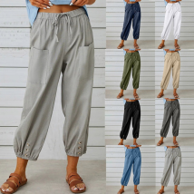 Pantalon taille haute en coton boutonné pour femme, pantacourt, jambes larges