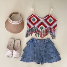 Kids Clothing hollow knitted tassel suspender top denim cake shorts set