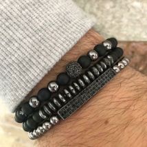 Bijoux Bracelet long en cuivre noir mat incrusté de zirconium et de diamants avec boule de soucoupe volante Ensemble de bracelets Bracelet tressé pour hommes en gros