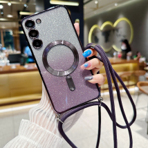 Crossbody Lanyard Gradient Glitter Case Pour Samsung Galaxy S23 S21 FE S22 Ultra Plus Pour Magsafe Magnétique Doux TPU Placage Couverture
