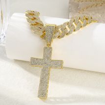 Pendentif croix de personnalité populaire avec chaîne cubaine en alliage de diamant, collier hip hop de croyance religieuse