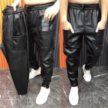 Pantalon en cuir printemps et automne Pantalon décontracté pour homme Pantalon imperméable sans lavage Pantalon en cuir noir tendance Pantalon moto PU Petite jambe
