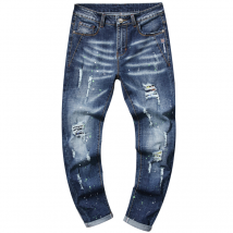 Vêtements pour hommes Jeans déchirés et brodés pour hommes, coupe slim, extensibles, petits jeans droits, pantalons à bandes de peinture pour hommes, patchs de peinture