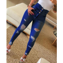 Pantalon en jean taille haute pour femme, serré, porté aux petits pieds
