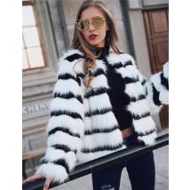 Hauts femme noir et blanc bloc de couleur imitation fourrure de renard manteau hiver imitation fourrure manteau femme col rond manches longues fourrure