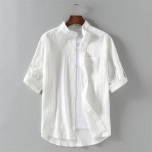 Men's Clothing  shirt men's summer  retro stand-up collar handsome linen short-sleeved shirt mid-sleeve cotton and linen inch shirt men
