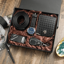 Montre pour hommes affaires vacances anniversaire cadeau portefeuille ceinture porte-clés ensemble 5 pièces/ensemble