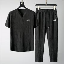 Vêtements pour hommes nouveau costume de sport décontracté mince été pour hommes style chinois haut de gamme col en V broderie mince costume deux pièces à manches courtes