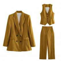 Women's Clothing Linen double-breasted women's blazer + vest and vest + linen straight pants suit