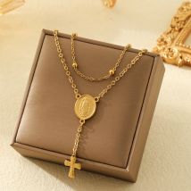Collier double pendentif croix de la Vierge Marie en acier inoxydable plaqué pour femme