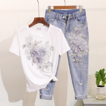 Women's Clothing denim suit beaded embroidery three-dimensional flower short-sleeved T-shirt + ripped nine-point jeans
