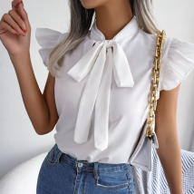 2023 Spring/Summer Temperament Commuter Wooden Ear Lace Up Bow Tie Chiffon Shirt Women's Wear