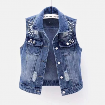 Women's Sleeveless Denim Vest Short Washed Hole Beaded Slim Fit Jacket Trendy Versatile Top For Spring/Autumn