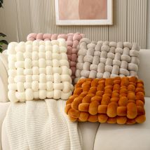 Square Knitted Throw Pillow - Soft Fluffy Cushion For Sofa & Window Seat (Decorative Home Pillow Cover 18x18 Inches Cozy & Washable Beige/Gray/Blue)​​