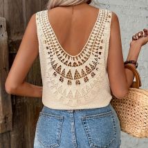 T-shirt d'été à col en V pour femme, gilet creux dans le dos