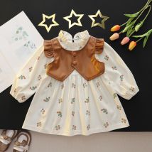 Robe à manches longues à imprimé fleuri Robe gilet en cuir pour bébé fille