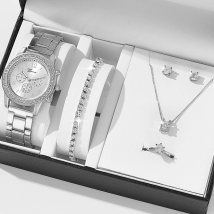 Hot sale 5pcs/set steel belt women's watch three-eye ladies casual quartz watch + jewelry gift box