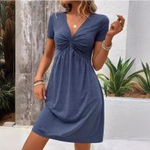 [Cotton Linen] Women's Clothing Colored Cotton Short-sleeved V-neck Design Chest Twist Waist Dress