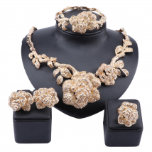 WomenDubai Gold Color Rose Flower Crystal Necklace Earring Ring Bracelet Wedding Accessories Jewelry Set