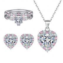Women's Jewelry Set Love Jewelry Set 3 Piece Set 925 Sterling Silver Ring Pink Diamond Ring Heart Shaped Zircon Earrings Niche Necklace