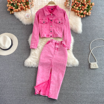 Vêtements pour femmes Veste en jean rose Veste courte ample pour femme Costume deux pièces Jupe mi-longue taille haute Jupe hanche automne