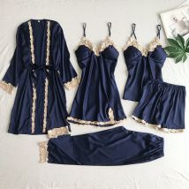 Ensemble de 5 pièces pour femme de grande taille, pyjama en soie simulée à col licou, lingerie sexy, vêtements de détente, peignoir, robe de nuit