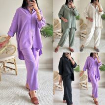 Vêtements pour femmes Été Nouvel ensemble pour femmes Ensemble chemise en coton et lin grande taille Pantalon ample taille haute