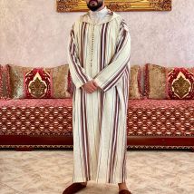 Chemise longue décontractée pour homme style ethnique musulman, robe musulmane unie beige 1236520