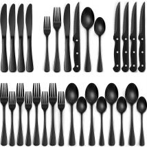 24-Piece Black Silverware Set with Steak Knives, Black Flatware Set for 4, Food-Grade Stainless Steel Tableware Cutlery Set,